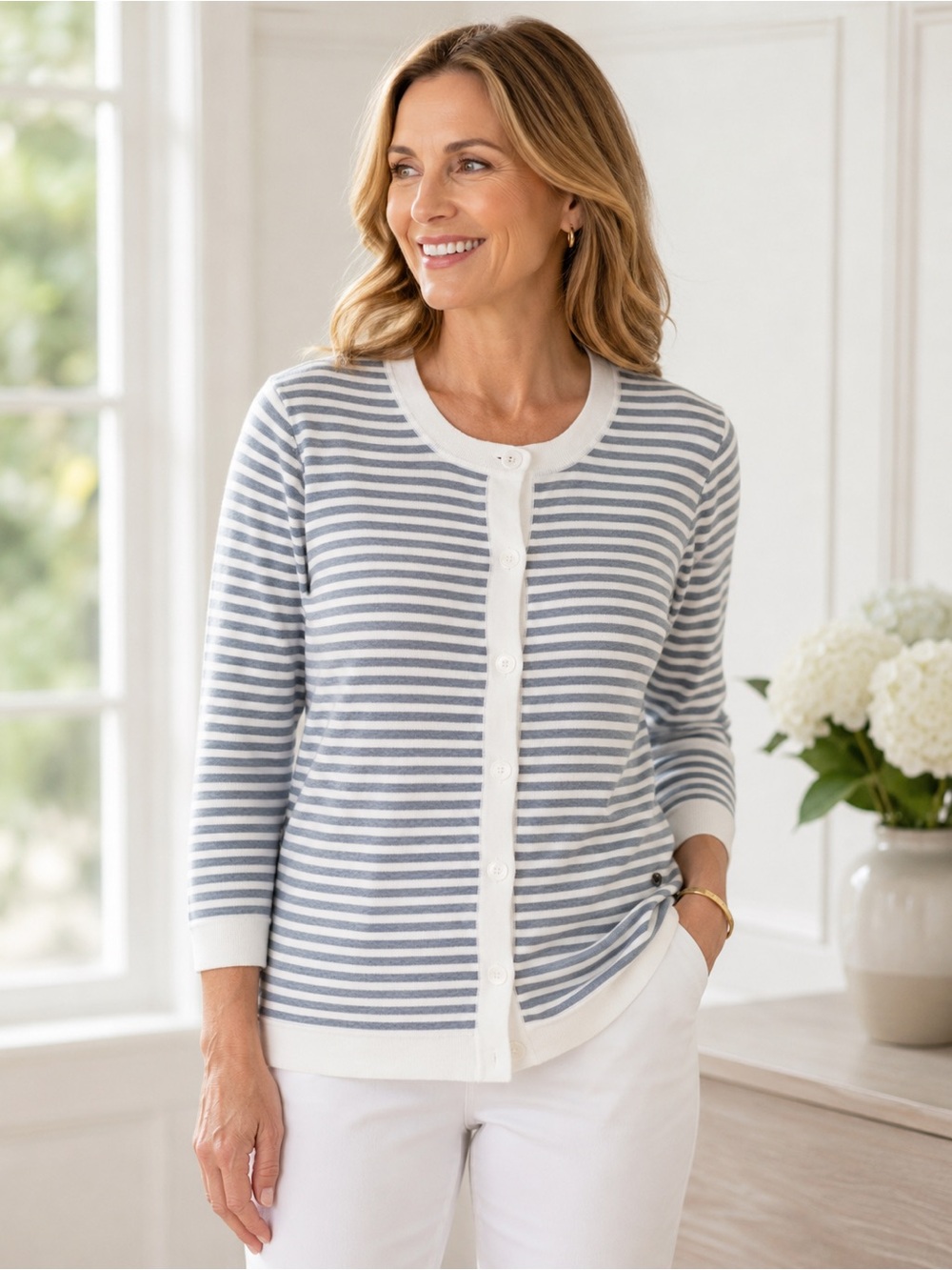 Eddie Bauer Women's Striped Cardigan - Blue and White